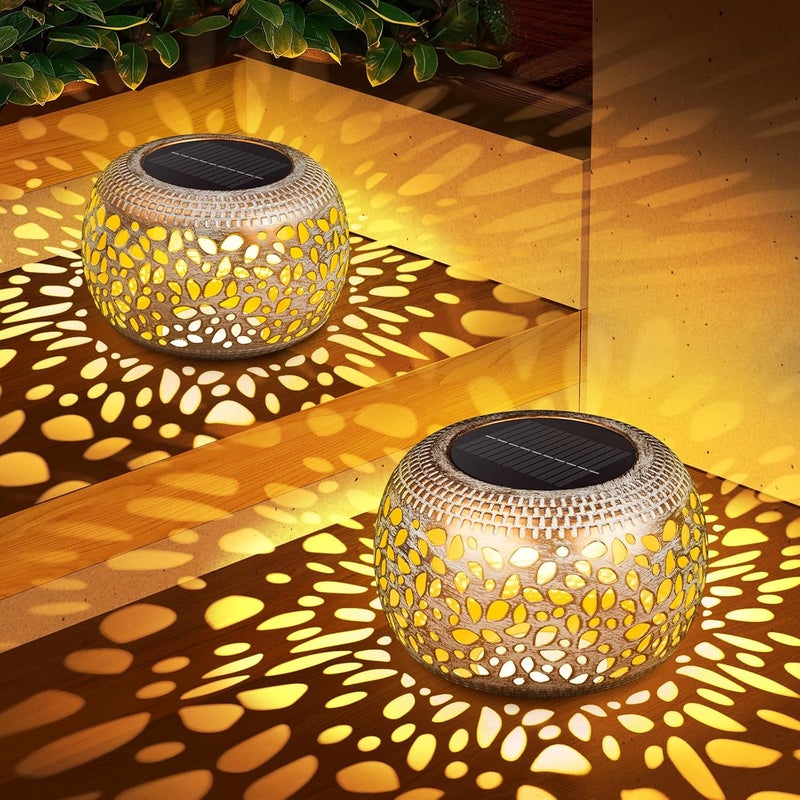 NFEVER Solar Lanterns Outdoor Waterproof: 2 Pack White Gold Hollow Out Metal Solar Lights - 2 Lighting Colors Outside Patio Garden Yard Porch Tabletop Decorations - Unique Gifts for Women Mom Wife - Image 1